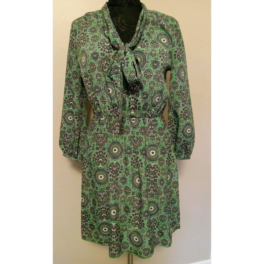 juicy‎ couture Women Green Floral Elastic Waist Tie Neck Dress Size M
